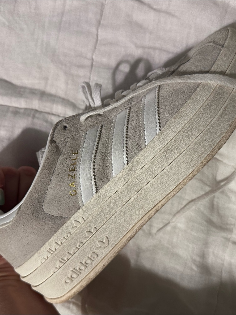 adidas Gazelle Women’s Suede Sneakers in Light Gray and White